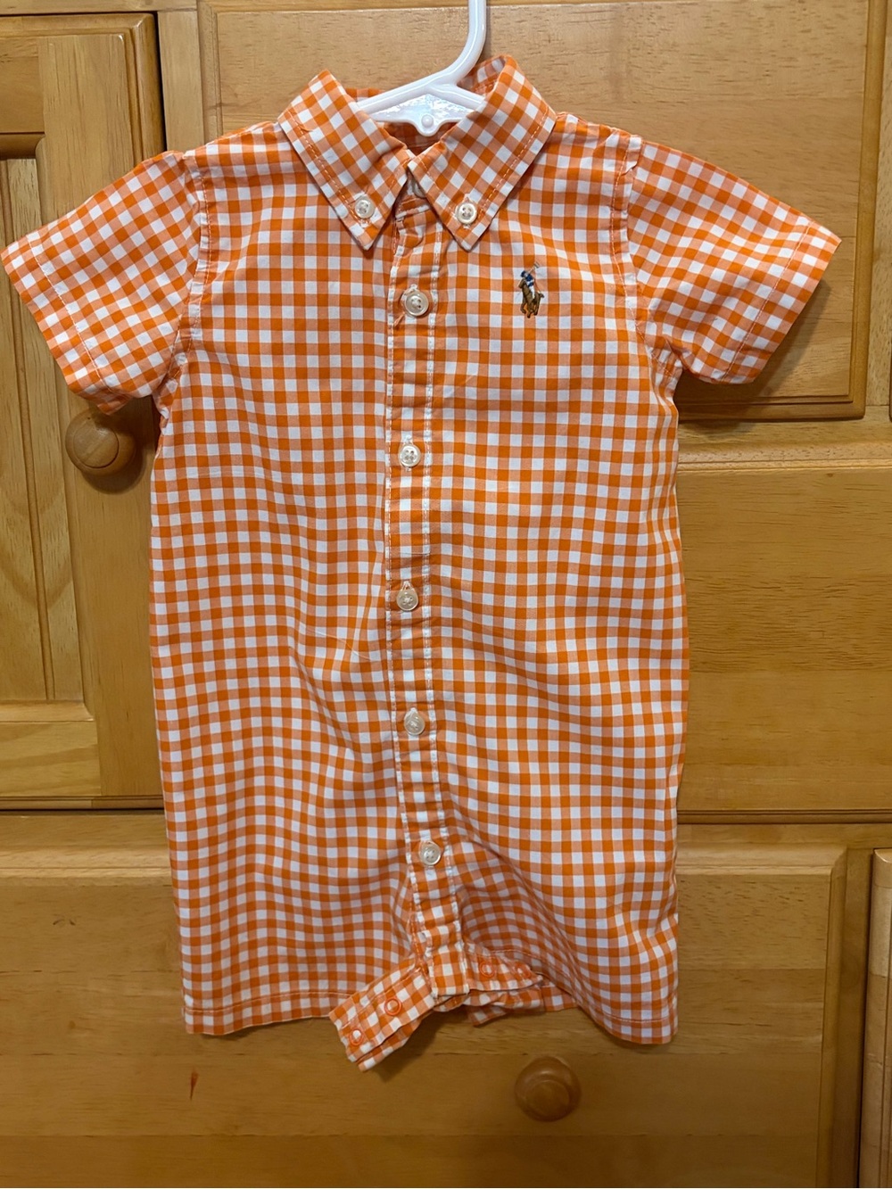 Ralph Lauren Boy's Classic Orange Gingham Button Down Romper Size 6 Months